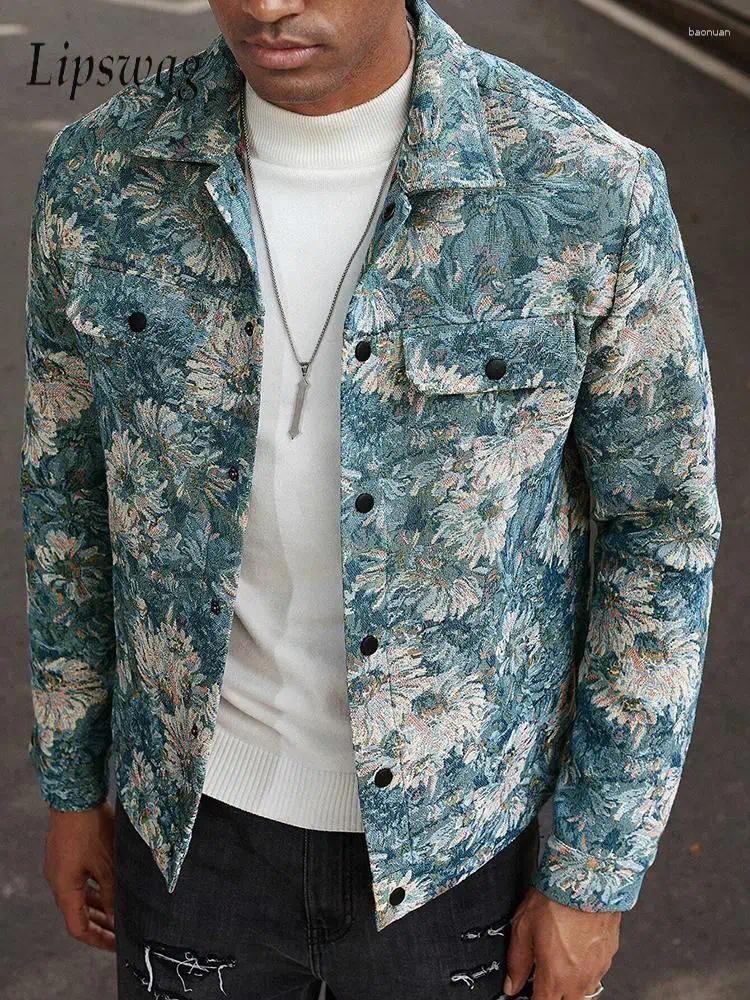 Men's Jackets Vintage Florals Textured Jacket Coat Mens Autumn Casual Long Sleeve Slim Button up Lapel For Men Fashion Cargo Coats 55