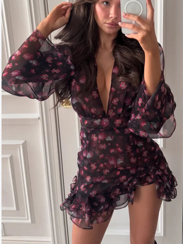 Womens Printed V-neck Short Sleeve Waist Cinching Mini Dress Chic A-line Bodycon Dresses 2026 Lady Summer Vacation Sweet Robes 260728