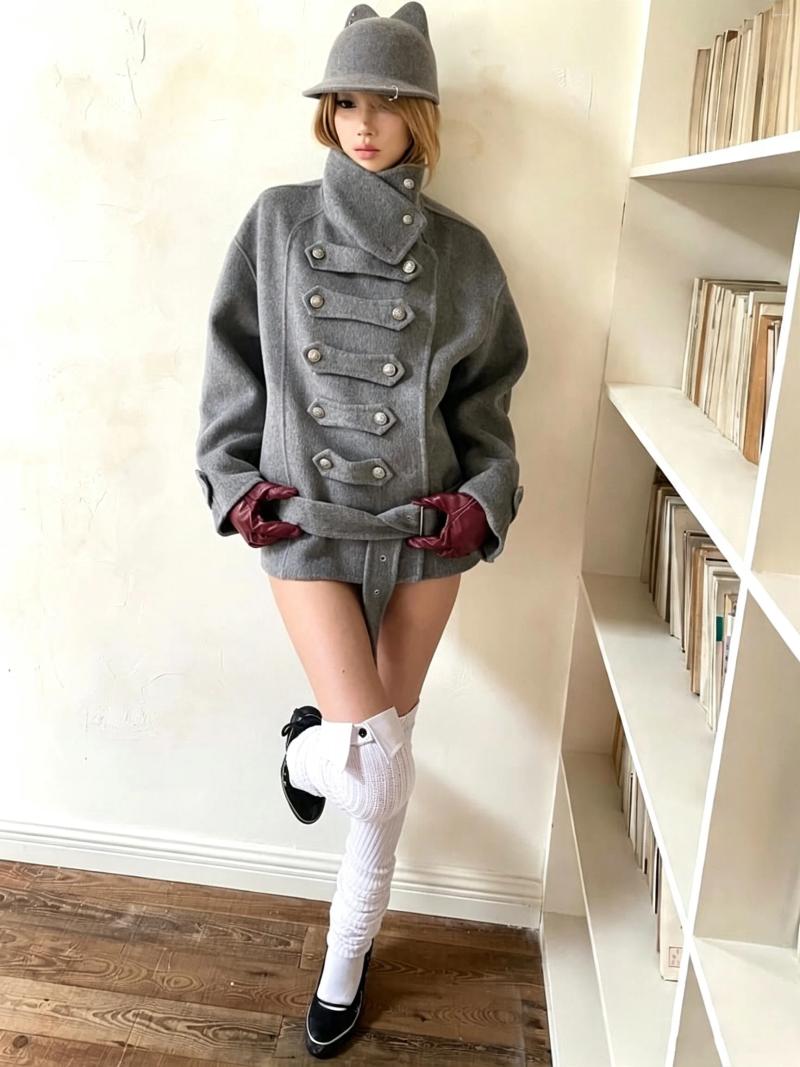 Women's Wool Fashionable Retro Y2K High end Design Style 2026 Autumn winter Notched Collar Belt Coat Harajuku Outerwear Emo 4c