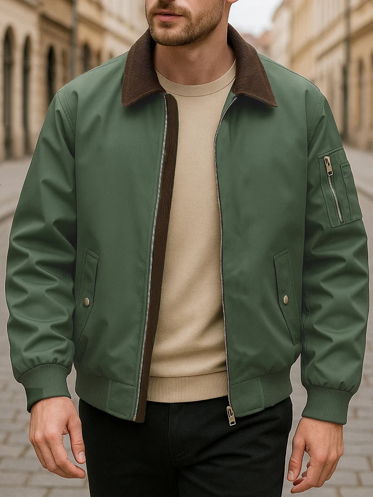 Lightweight Work Jackets Mens Corduroy Collar Bomber Jackets Casual Solid Color Full Zip Spring Fall Golf Jacket Outwear 260727
