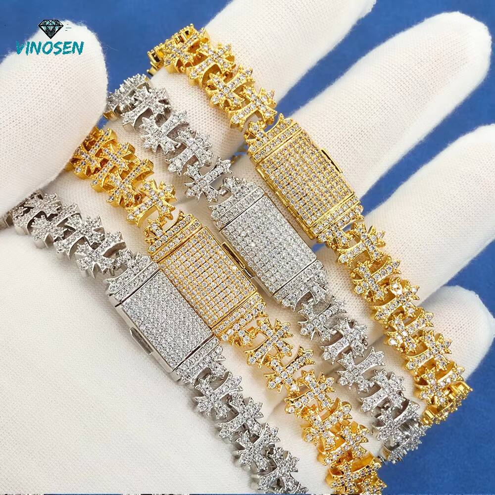 Wholesale Custom Micro Pave Moissanite Cross Maple Leaf Chain 18K Gold Plated Solid 925 Sterling Silver Hip-Hop Necklaces