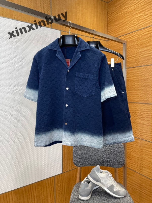 Xinxinbuy Hommes Designer Tee T-shirt Dégradé Foncé Double Jacquard Denim Ensembles Costume Manches Courtes Lâche Femmes Bleu Vert Noir S-2XL