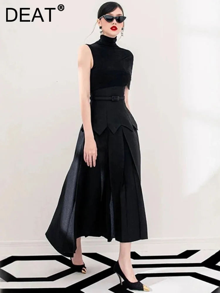 DEAT Elegant Dress Asymmetric Knitted Patchwork Belt Waist Long Womens Evening Party Dresses 2026 Spring Fashion 35Z2228 260728BJ