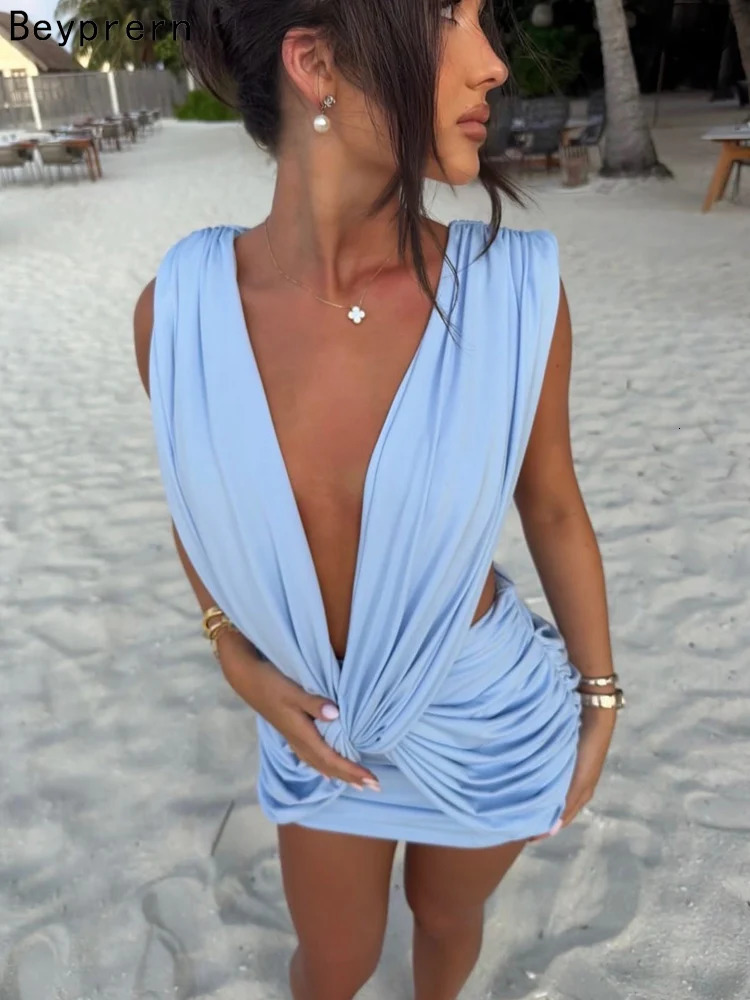 Beyprern Summer Womens Sexy Ruched Wrap Bodycon Mini Dress Deep V Neck Backless Hollow Out Sleeveless Skinny Vestidos 260728