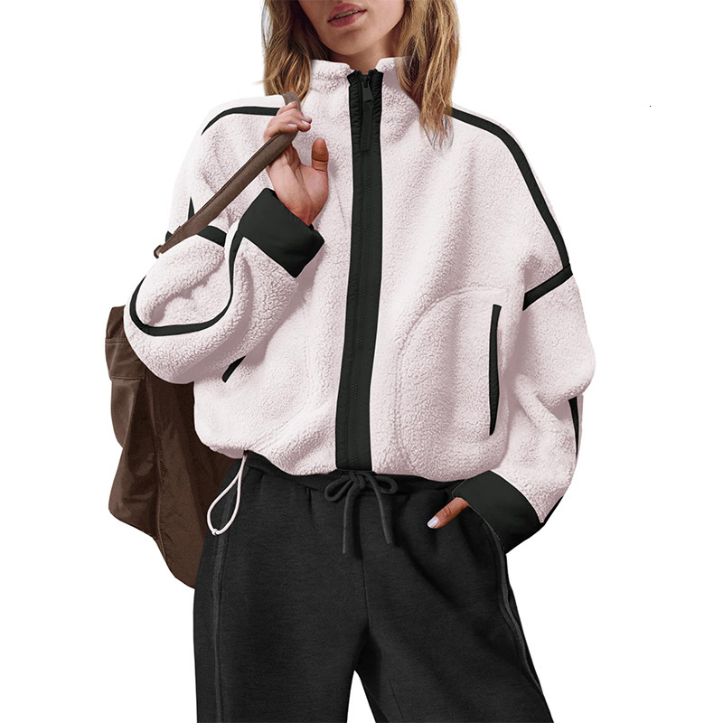 Women's Sport Lamb Wool Cardigan, Color-Block Zip-Up Sweater Coat with Stand Collar, Loose Fit Short Outerwear Jacket with Front Pockets and Long Sl