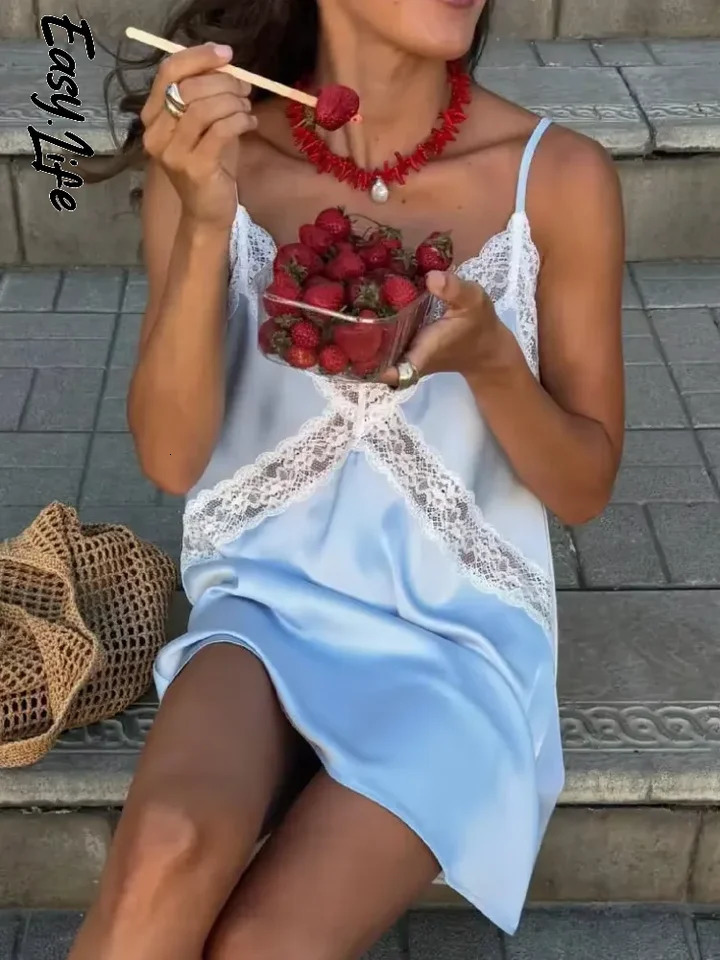 Sexy Blue Satin Lace Slip Mini Dress Women Spaghetti Strap V Neck Hollow Out Bodycon Dresses Lady Summer Beach Short Gown 2026 260728