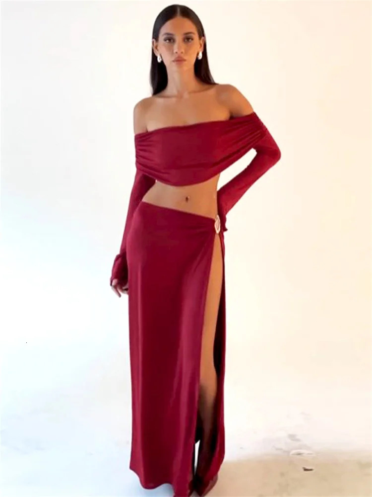 Nibber Slash Neck Sexy Elegant 2 Piece Set Women Pleats Waistless Crop TopsMetal Rings Patchwork Long Skirts Clubwear Suits 260730BJ