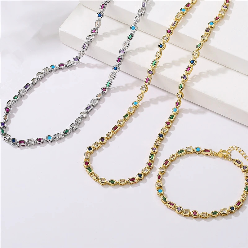 HECHENGGreen Pink White Iced Out Bling Geometric CZ Chain Necklace Bracelet high quality fashion women colorful cz Jewelry Set 260729BJ