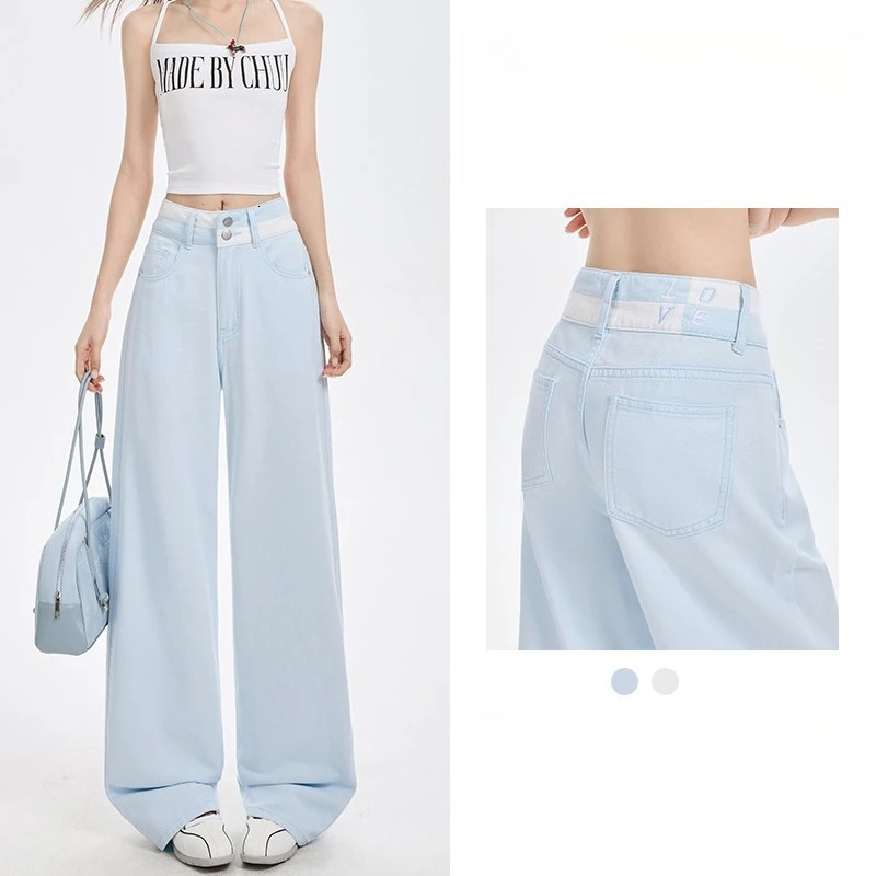 Loose Casual Wide Leg Denim Pants Summer Thin 100 Cotton Womens High Waist Y2K Contrast Stitching All Match Baggy Jeans 260729BJ