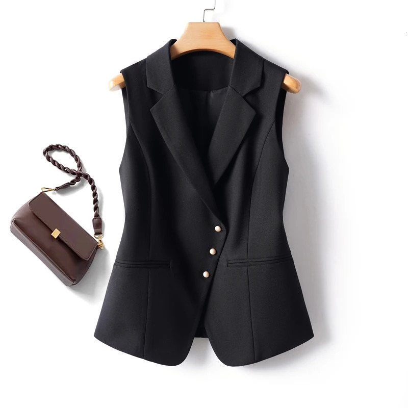 Black Suit Vest Womens Spring and Autumn Diagonal Button Short Slim Fit Top Jacket 260728