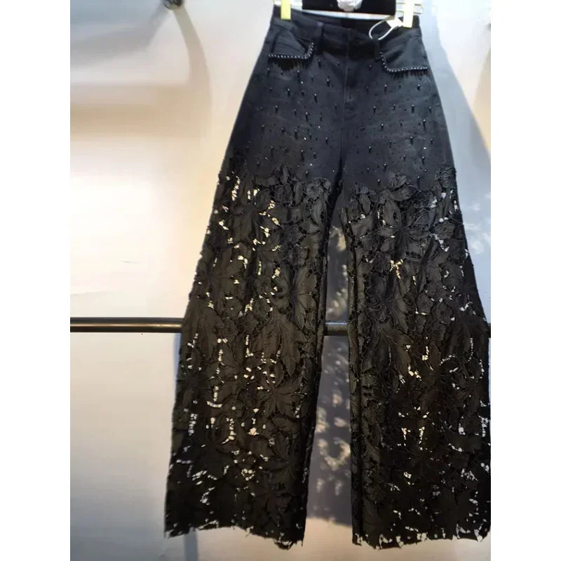 Summer Denim Patchwork Hook Flower Hollow Lace Straight Leg Wide Leg Pants Casual High Waist Heavy Embroidery Rhinestone 260729BJ
