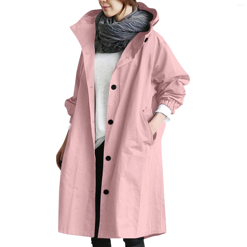 Women's Trench Coats Trendy Long Coat Solid Color Elegant Windbreaker Loose Comfortable Hooded Temperament Ladies Raincoat 2e