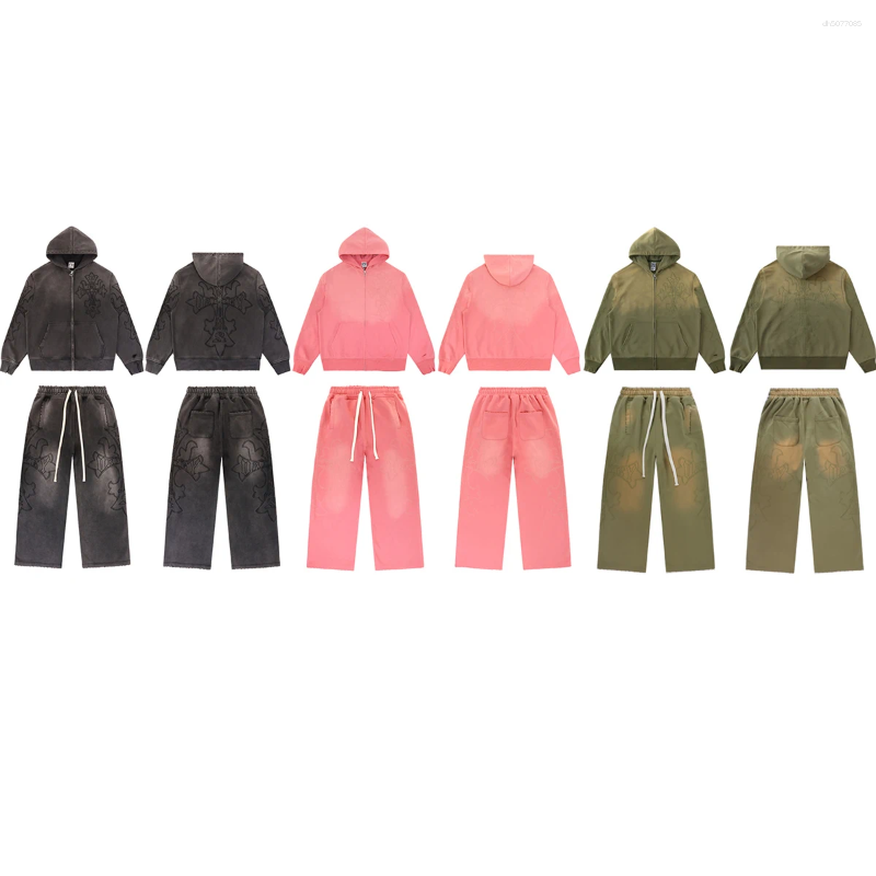 Men's Hoodies High Street Embroidery Washed Cross Zipper Hooded For Men Streetwear Cardigan Loose Terry Sweatshirt Jacket Oversized