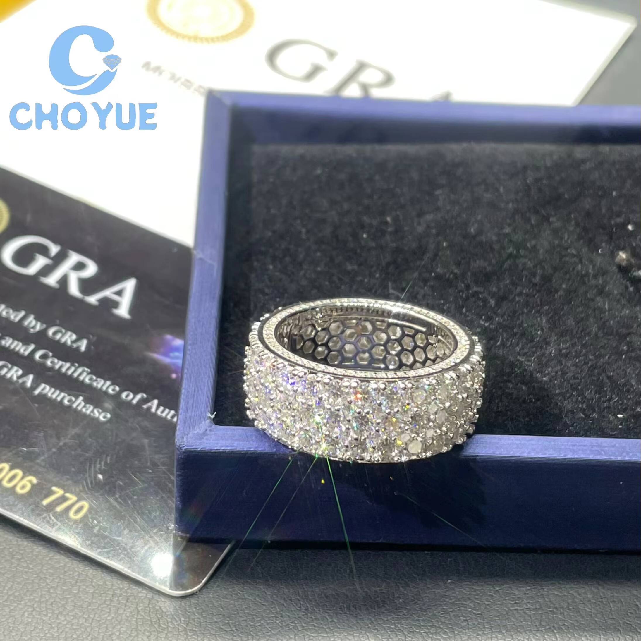 Factory 925 Sterling Silver Custom 3 Rows VVS Moissanite Ring Ice Out Eternity Band Hip Hop for Men Pass Diamond Tester GRA