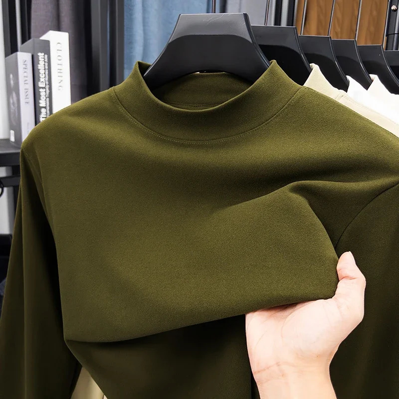 2026 Mens Casual Solid Color High Collar Velvet Long Sleeve T-shirt Spring and Autumn Versatile Comfortable Top 260728