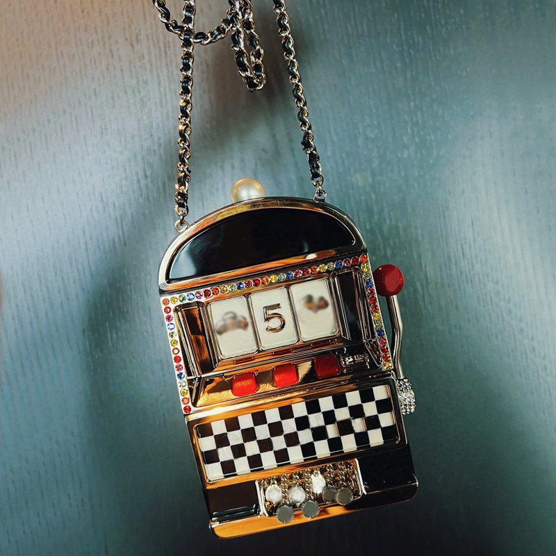 12A Designer bag 23C Limited edition treasures Black and white checkerboard slot machine box pack Color diamond border women bag Resin Evening chain