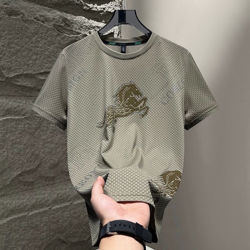 Summer Heat Relief Short Sleeve Top Mens Ice Silk Honeycomb Mesh Fabric Sparkling Rhinestone Galloping Horse Motif Breathable Air Permeable Material