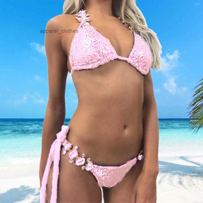 Women's Swimwear Sexy Shiny Sequins Rhinestone Diamond Bikini Set Women Push Up Swimsuit Two Pieces Female Lace Link Bathing Suits