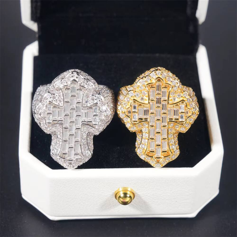 Hip Hop Style Christian GRA Certified Mens Fully Diamond Colorful Moissanite Iced Out 925 Silver Cross Ring