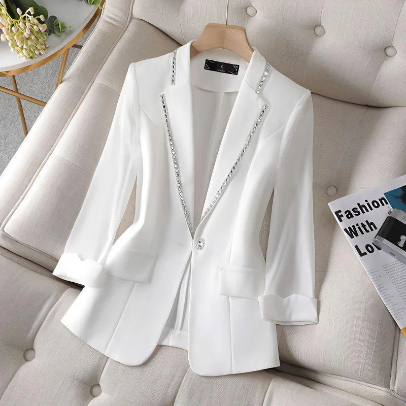Summer Womens Blazer Diamond-Encrusted Sunscreen Jacket White Suit Jacket Women Fashion Thin Blazer Ladies Tops5XL 260728BJ