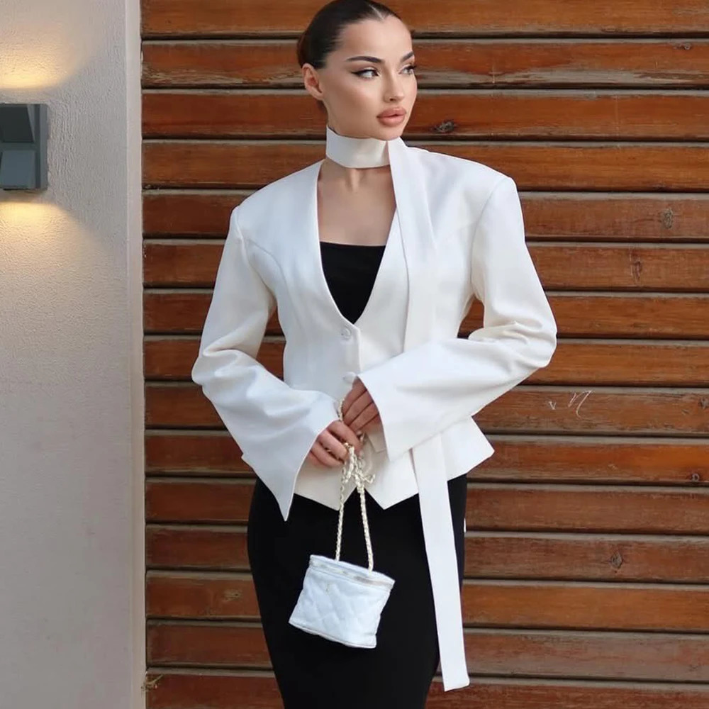 Ticketsx V Neck Scarf Blazer Jacket Womens Elegant Cinched Waist Single Breasted Full Sleeve Coat Female Casual Slim Blazers 260728BJ