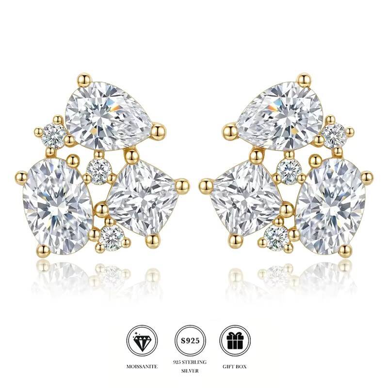 S925 Silver Mixed Cut Moissanite Cluster Multi Stone Earrings Bridal Wedding Fine Jewelry Support Custom Plating