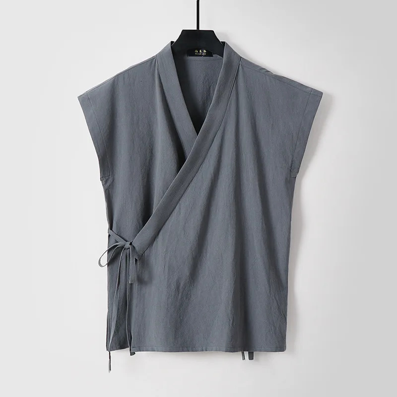 Chinese Traditional Clothes Men's Cotton Linen Tank Sleeveless Tang Suit Tops Kimono Cardigan Solid Vintage Hanfu Vest Male 260731