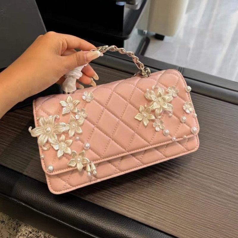 White flowered pearl bag, mini handbag, shiny sheepskin, classic diamond pattern, crossbody bag, makeup bag