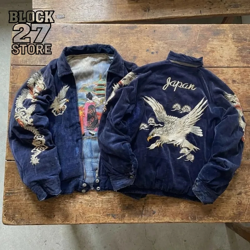 Mens Jacket Japanese Dragon Eagle Embroidery Corduroy Baseball Coat Harajuku Unisex Loose Fit Vintage Streetwear Fashion Trend 260731BJ