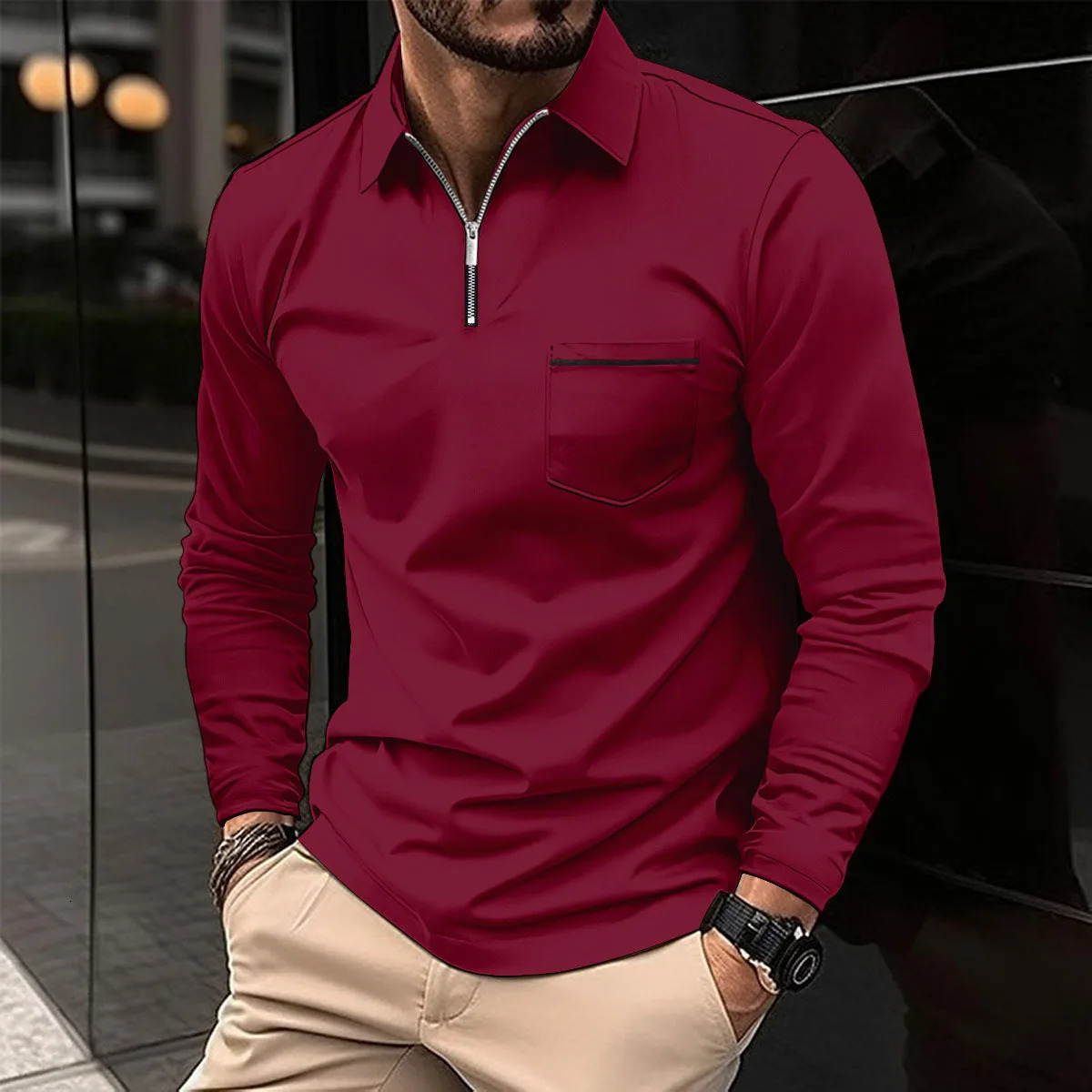 Casual Mens POLO Shirt Zipper Pocket Decorative Lapel Classic Trend Solid Color Comfortable High Quality Long Sleeve Tops 260728
