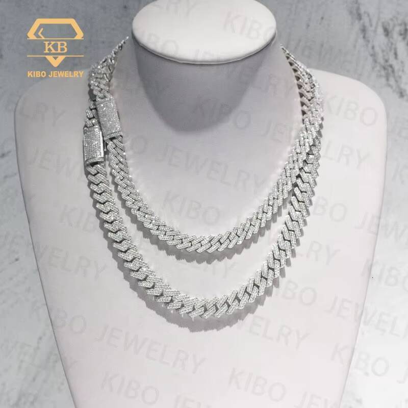 Ready to Ship KIBO Mens Hip Hop Iced Out Platinum Plated Silver 12mm VVS Moissanite Cuban Link Chain