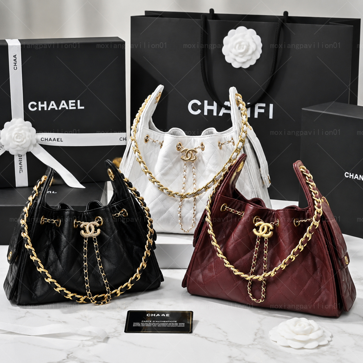 High-Quality Designer Bag: Mini 25 Tote Bag with Drawstring, Metal Chain and Leather Accents, Caviar Finish, Smooth Lambskin, Luxury Bag, Large C