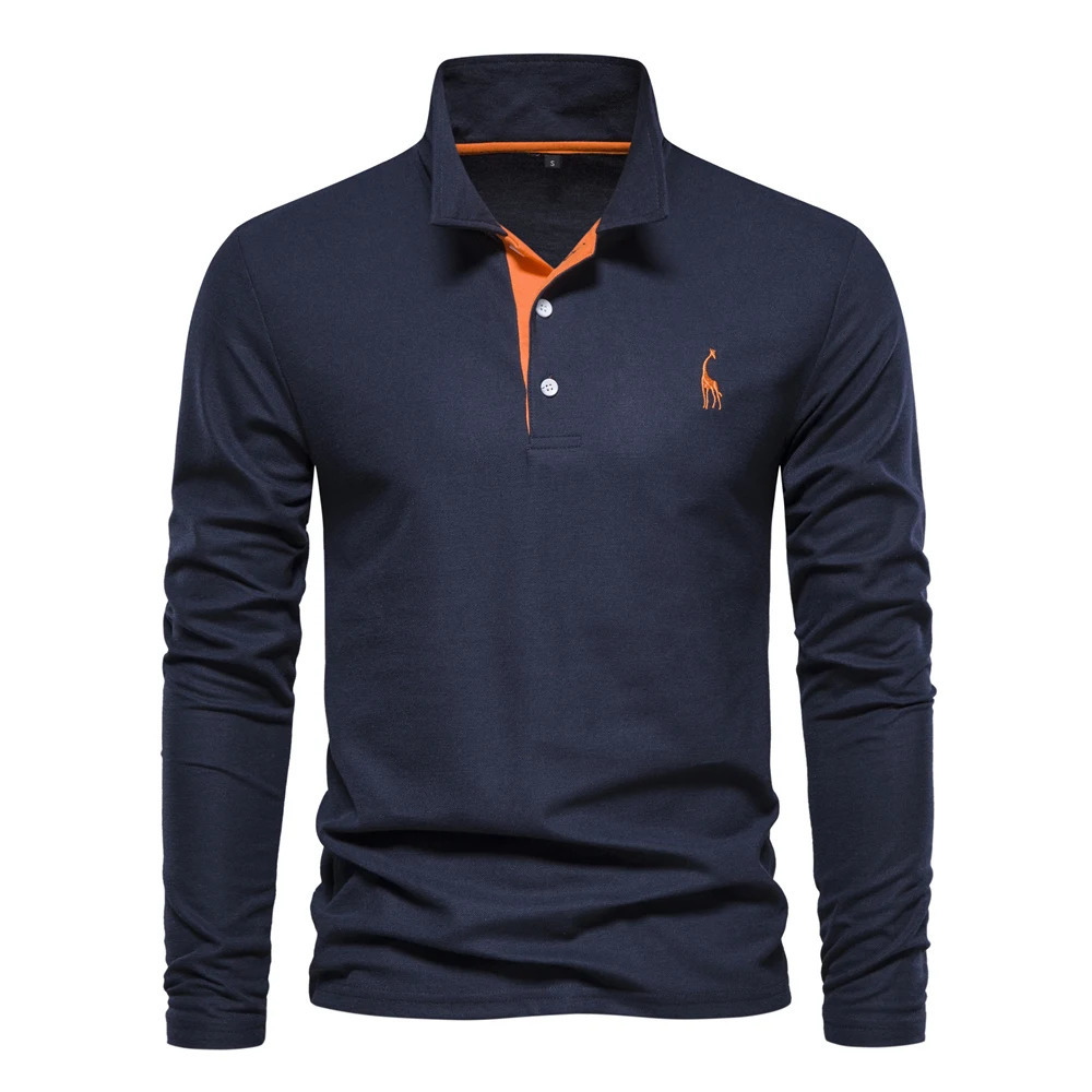 AIOPESON Mens Deer Embroidery Polo Shirts Solid Color Long Sleeve Social Business Male 260728