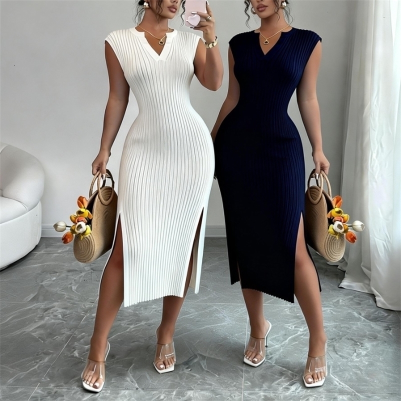 Womens White V-Neck Sleeveless Elastic Sundress Knit Bodycon Maxi Dress Solid Side Slit Casual Summer Daily Party Long Dress 260728