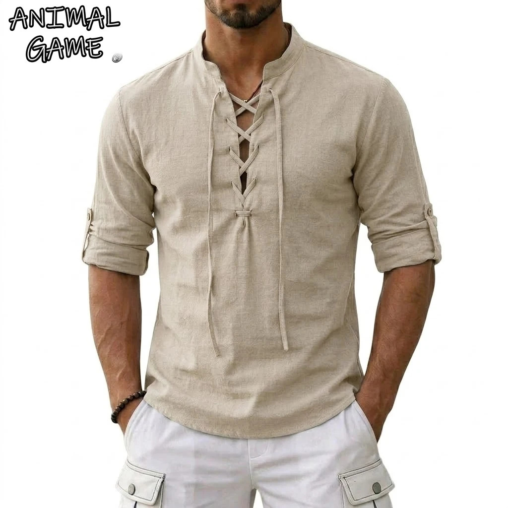 Mens Long Sleeved Linen T-Shirts Medieval Vintage Viking Top Cotton Shirts Men Halloween Costume Breathable Tops Yoga Shirts 260728