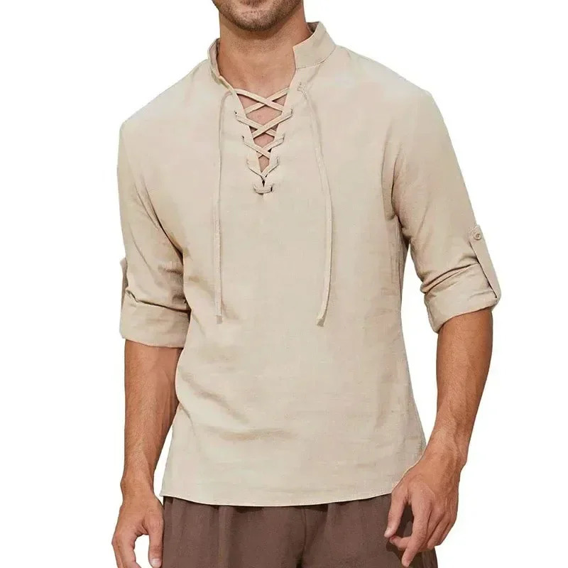 Mens Pirate Shirt Long Sleeve Cotton Linen Medieval Vintage Top Shirts Halloween Costume Cosplay Drawstring V-neck T-shirt 260728
