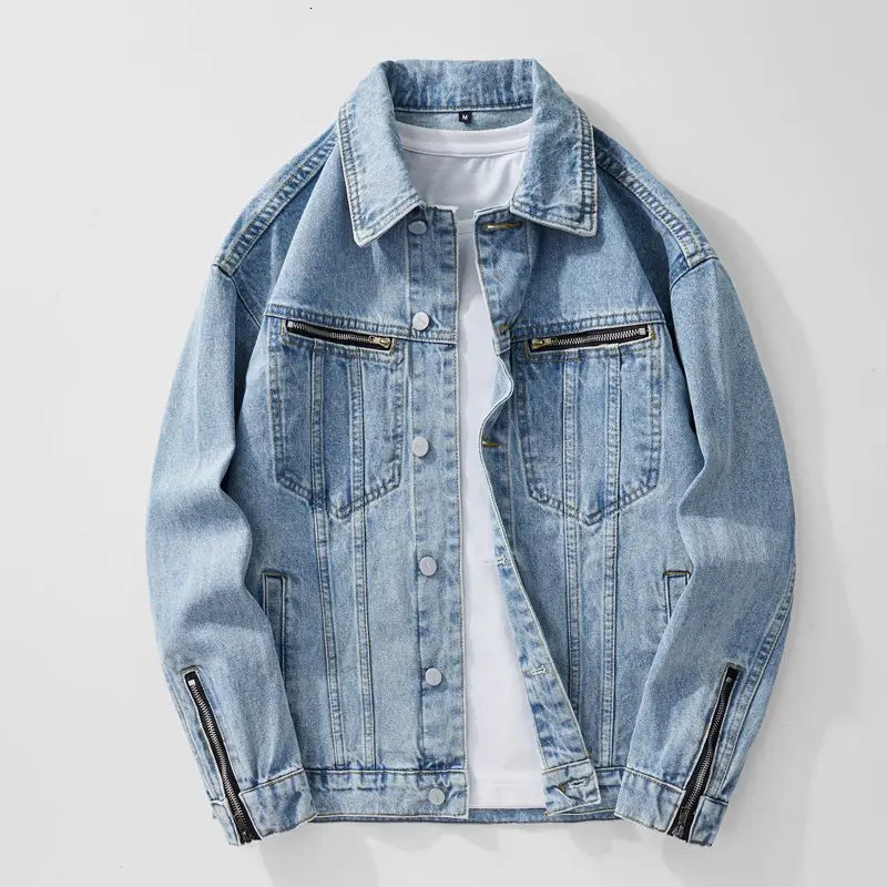Vintage Wash Light Blue Denim Jacket Mens Streetwear Loose Workwear Coats Distressed Black Hiphop Motorcycle Outerwear 260731BJ