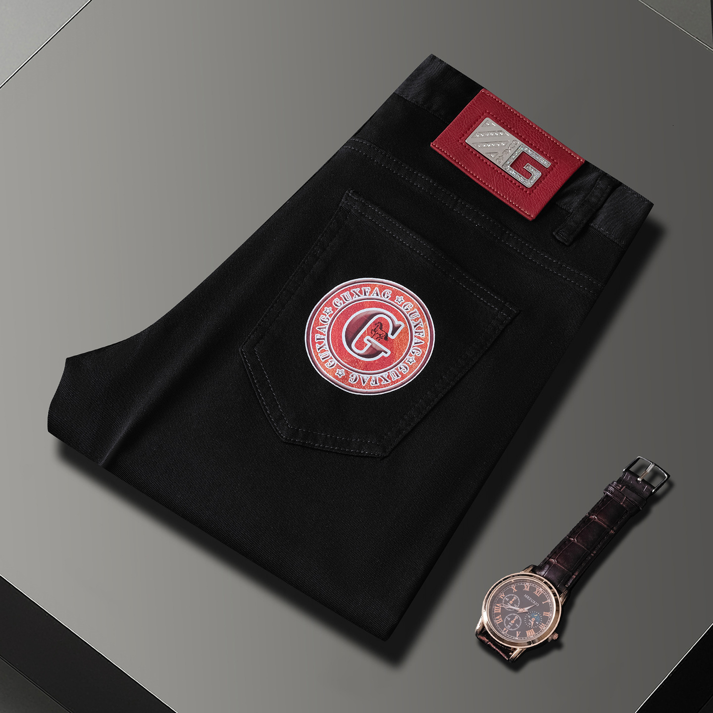 Mens Comfort Stretch Straight Leg Denim Pants Spring Summer Tencel Thin Fabric Solid Black Color Exquisite Circular Print On Back Pocket Red Leather