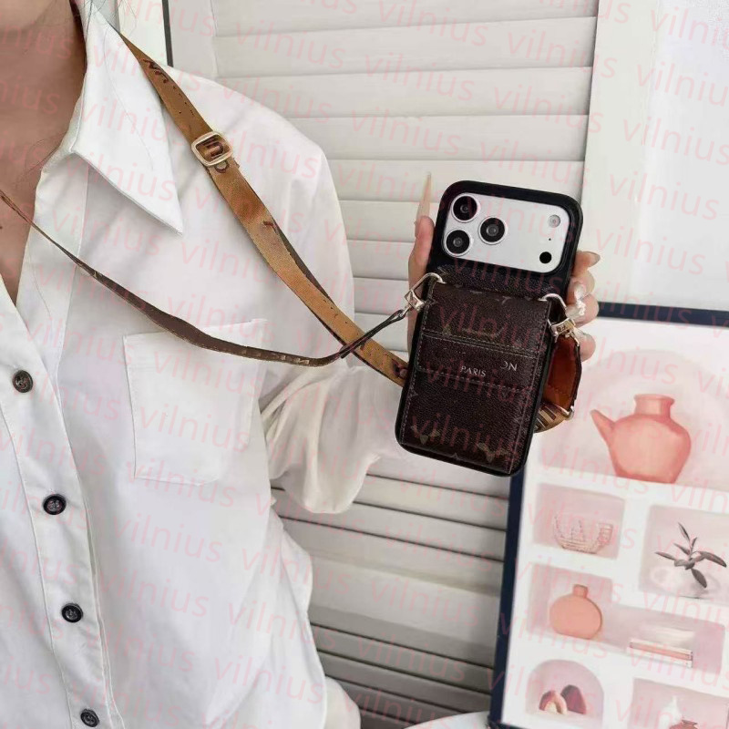 Designer V Monogram Card Holder Phone Case pour iPhone 17 16 15 14 13 12 11 Pro Max Accordéon Multi Slots Wallet Case Bandoulière Cuir Antichoc C