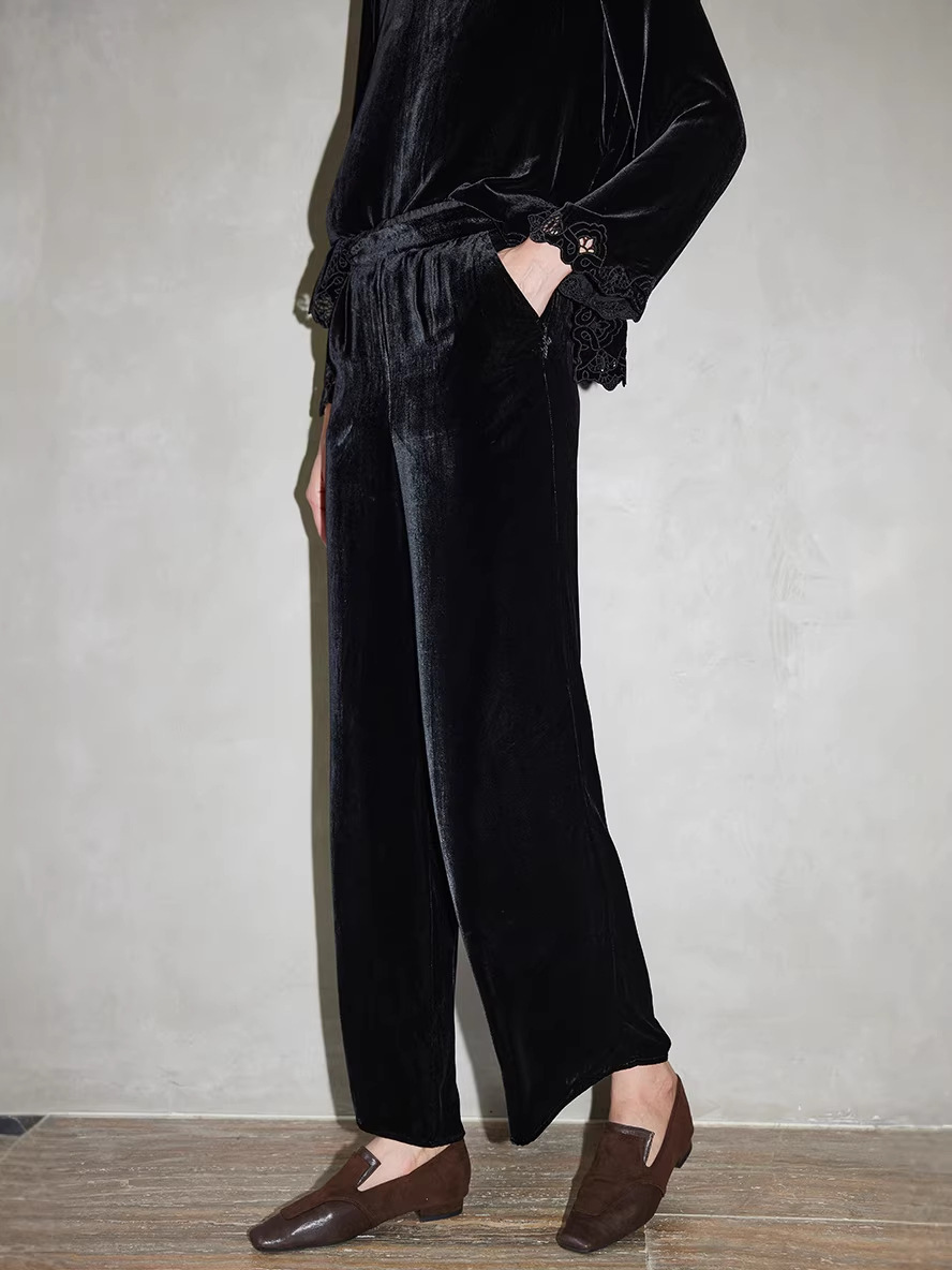 AAAA V03 Pantalon élégant en velours qui balaye le sol avec taille élastique