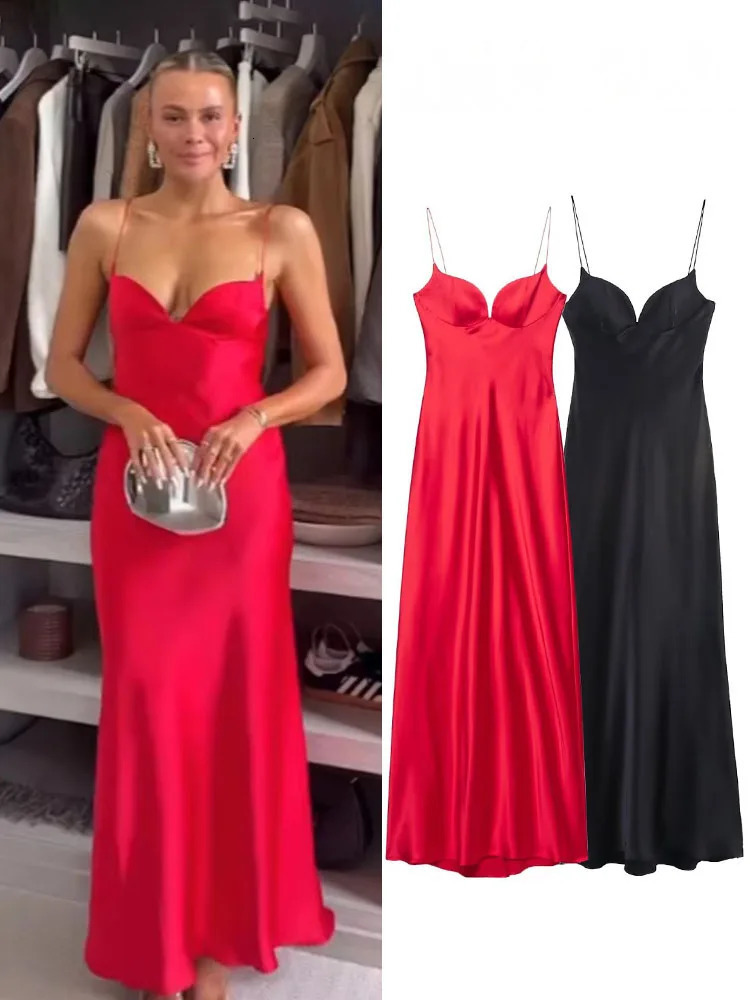 HH Women Red V-Neck Holiday Style Satin Texture Long Dress Sleeveless Summer Womens Back Zipper Fashion Sling Dresses 260728