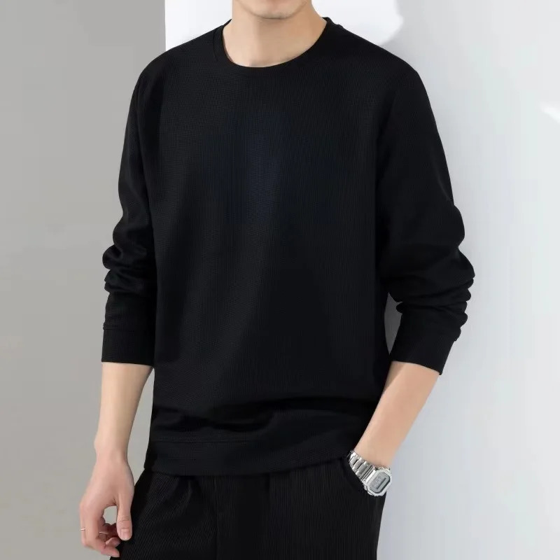 Spring Autumn Waffle t-Shirts For Men Long Sleeve t-Shirt Tops Fashion Soild Tee Shirts Casual Round Neck t Shirt Man Clothes 260728
