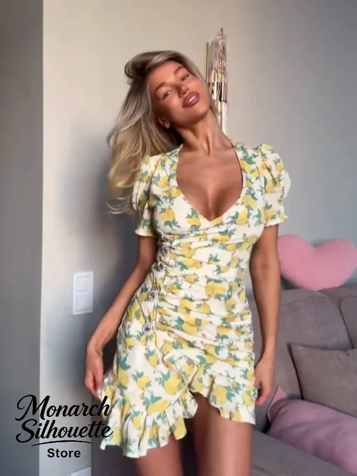 Chic Ruffle Print Slim Short Dress Women Chic Patchwork Flaredsleeves V-neck Pleated Dresses 2026 Lady Summer Casual Vestidos 260728