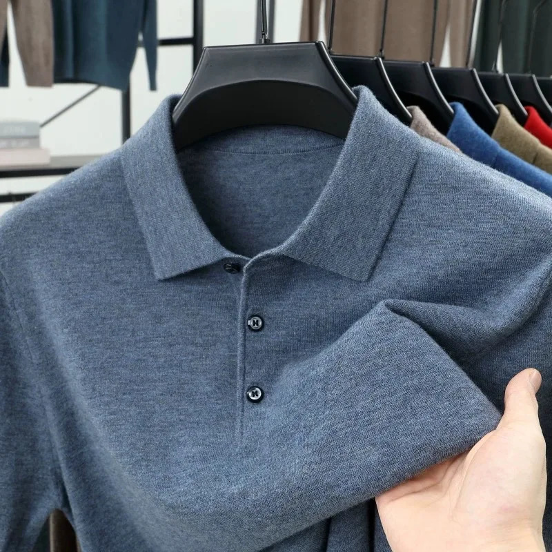 Fashion y knitted long sleeve polo shirt mens autumn trend simple solid color soft skin friendly comfort lapel sweater 260728