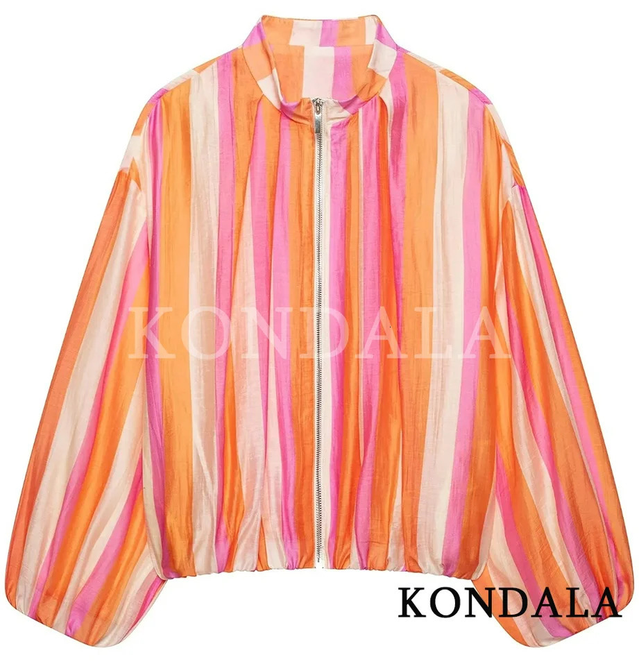 KONDALA Women Colored Striped Chic Bomber Jacket Zipper Stand Collar Pocket Jacket Fashion 2026 Spring Summer Holiday Jacket 260730BJ