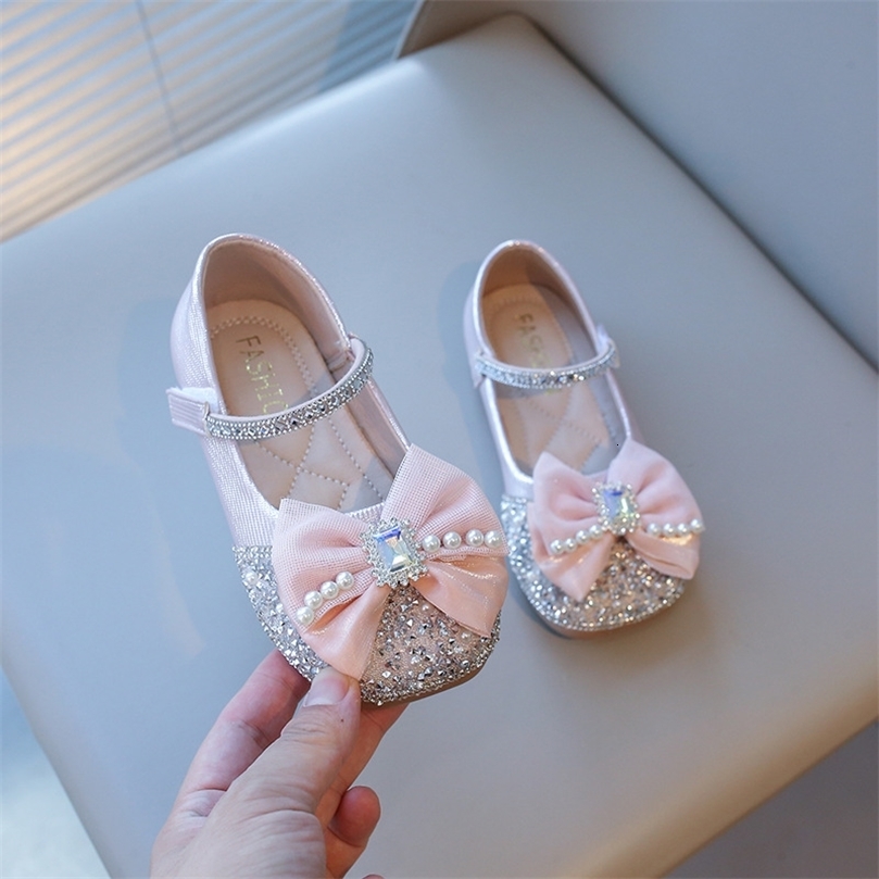 Spring Summer Leather Bow Shoes Sequined Pearls Girls Nonslip Princess Performance Dance Baby Walking Fashionable 260731BJ