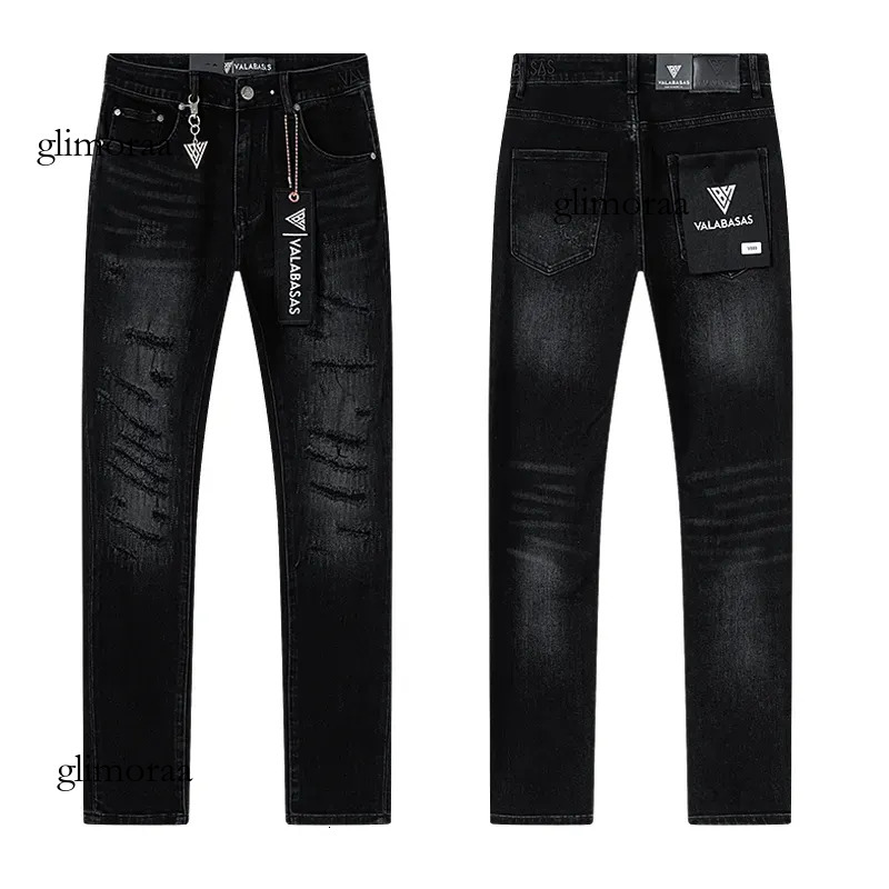 Valabasas Jeans Men's Denim Jeans Designer American Micro Flared Long stacked pant legs, special water washing for aging, damaged embroidered d