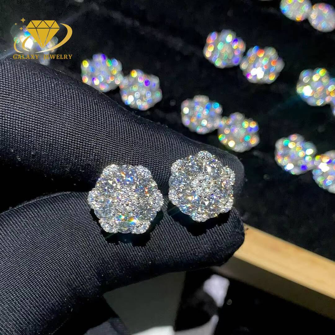 Hotsale Hiphop Diamond Earring Silver 925 Vvs Moissanite Iced Out Cluster Flower Stud Earrings
