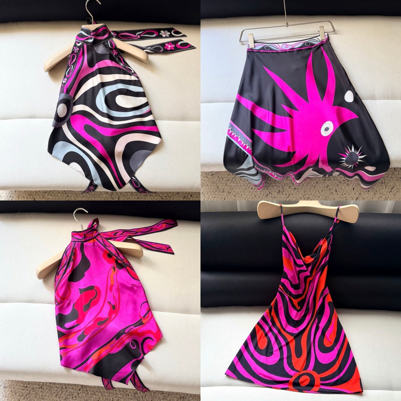 Women Vintage Purple Halter Tops Designer Color Block Printed Silk Vest Shirts Luxury Elegant High Waist Skirts Beach Party Vacation Boho Dresses