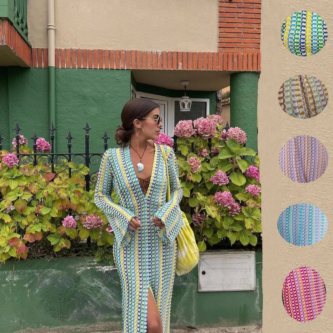 Crochet Colorful Stripe Maxi Dress Women Flare Sleeve Deep V-neck Split Sexy Long Dresses Spring Autumn Beach Banquet Vestidos 260728BJ